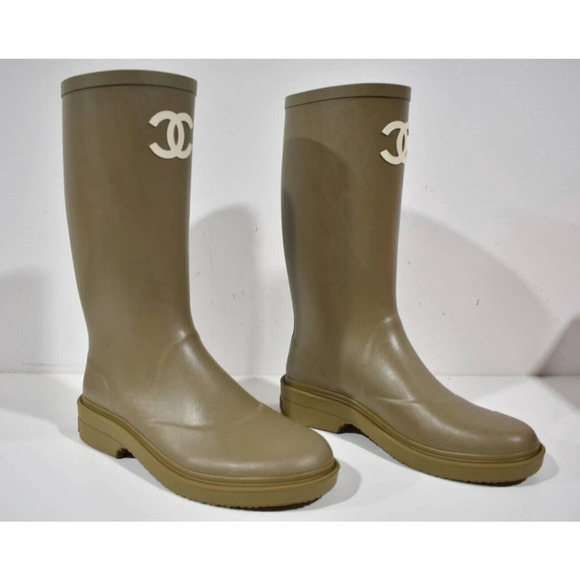 Chanel REV Dark Beige Caoutchouc White CC Logo High Pull On Rubber Rain Boots 36 - Picture 5 of 12